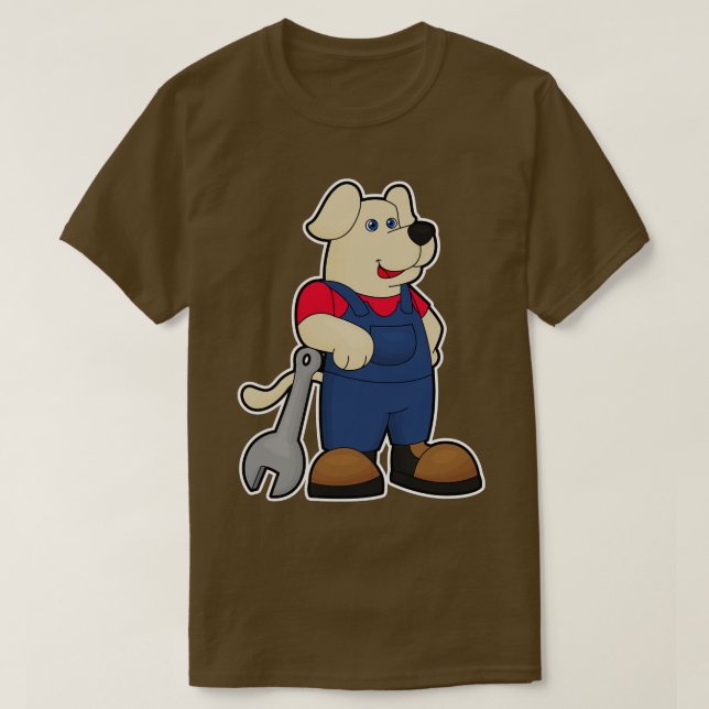 Camiseta Cão como mecânico com chave inglesa (Frente do Design)