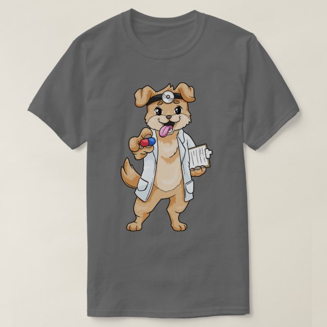 Camiseta Cão como médico com pílulas e bloco de notas (Frente do Design)