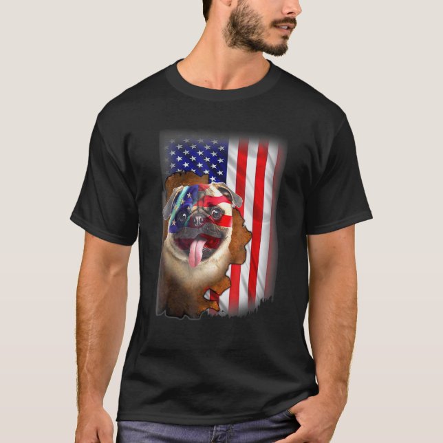 Camiseta Cão de Bandeira Americano Pug Patriótico (Frente)