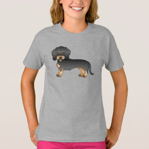 Camiseta Cão De Cartoon De Dachshund Com Cabos Negros E Tan