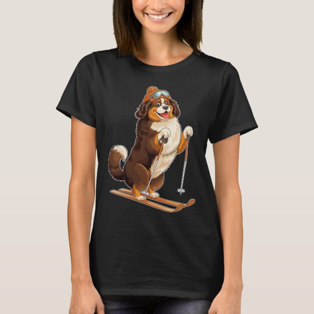 Camiseta Cão de Cartoon Divertido Desfrutando do Esqui (Frente)