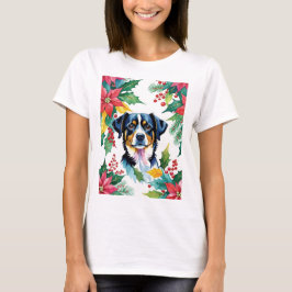 Camiseta Cão De Natal Adorável Com Poinsettias