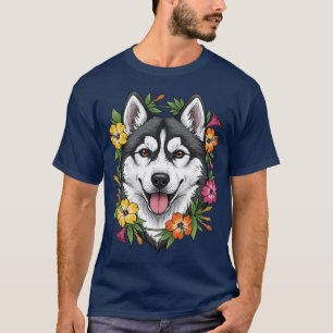 Camiseta Cão de Trenó Husky e Flores Coloridas de Mirablis