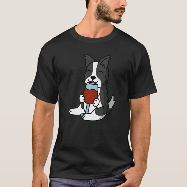 Camiseta Cão de Vinho Bebendo da Collie Fronteira (Frente)