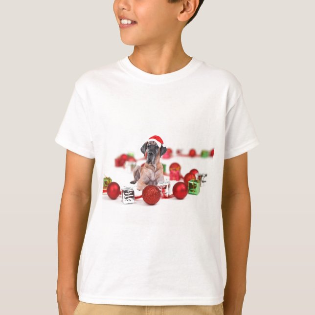 Camiseta Cão Dogue Alemão com Enfeites de Natal Presentes (Frente)