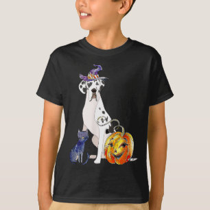 Camiseta Cão Dogue Alemão Halloween Arlequim Bruxa Abóbora