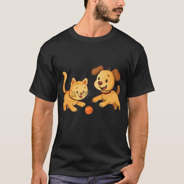 Camiseta Cão e Gato Brincando Juntos (Frente)