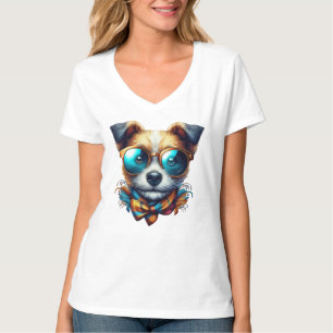 Camiseta Cão Estiloso Com Óculos Arte de Pet Colorida Moder