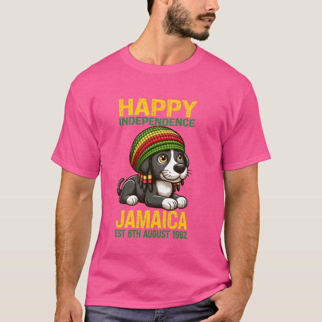Camiseta Cão, Feliz Dia da Independência Jamaica Est. 6 Aug (Frente)