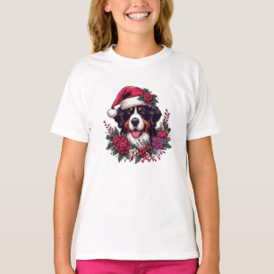 Camiseta Cão Festivo Bernês com Santa Hat e Florais
