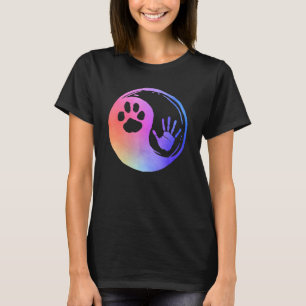 Camiseta Cão Gato Impressão de Pata Mão Yin Yang Arco-íris