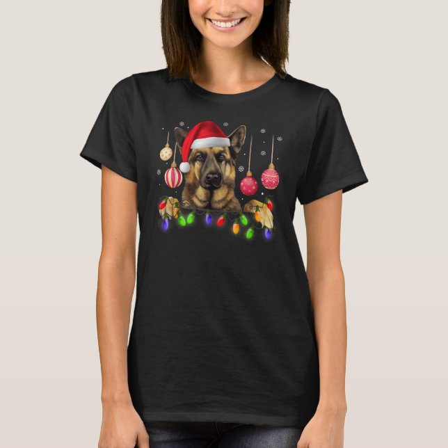 Camiseta Cão German shepherd das Luzes de Natal (Frente)