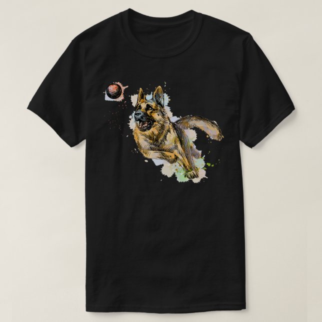Camiseta Cão german shepherd jogando e pegando uma bola par (Frente do Design)