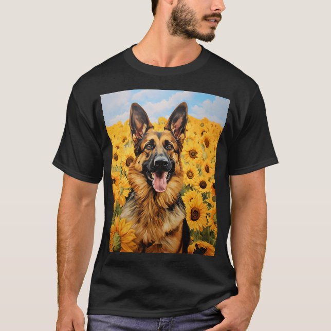 Camiseta cão german shepherd nos girassóis (Frente)