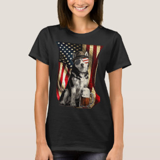 Camiseta Cão Husky Patriótico Vintage Retro Bandeira EUA Ju