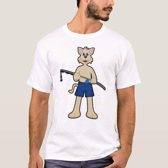 Camiseta Cão na pesca com vara de pesca e peixe (Frente)