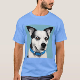 Camiseta Cão Negro e Branco com Colar Azul
