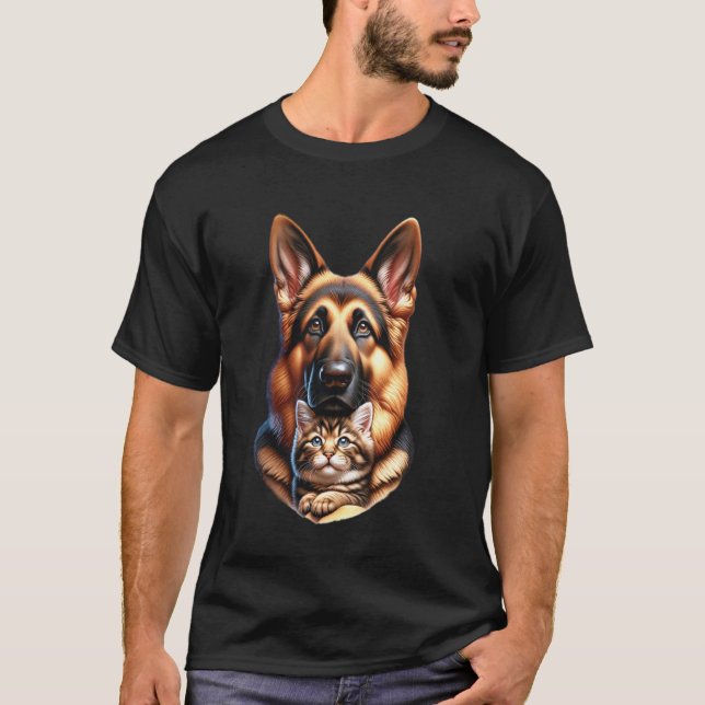 Camiseta Cão Pastor Alemão com Design de Gato (Frente)