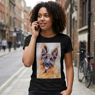 Camiseta Cão Pastor Alemão em Retrato em Aquarela