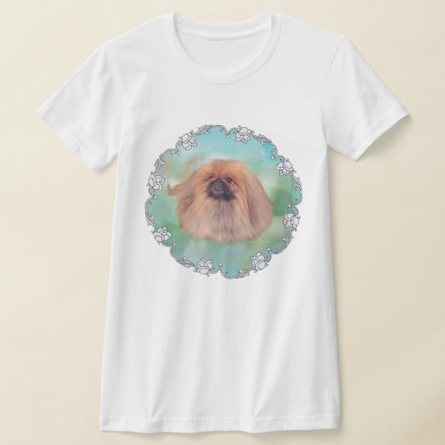 Camiseta Cão Pequinês em Fundo Azul-Celeste (Postura )