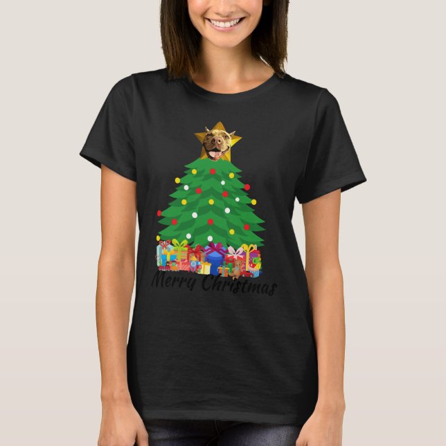 Camiseta Cão Pitbull da Estrela da Árvore de Natal (Frente)