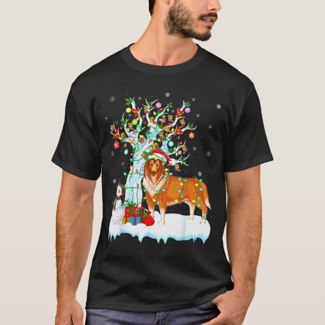 Camiseta Cão Rough Collie Iluminação da Árvore de Natal Rou (Frente)