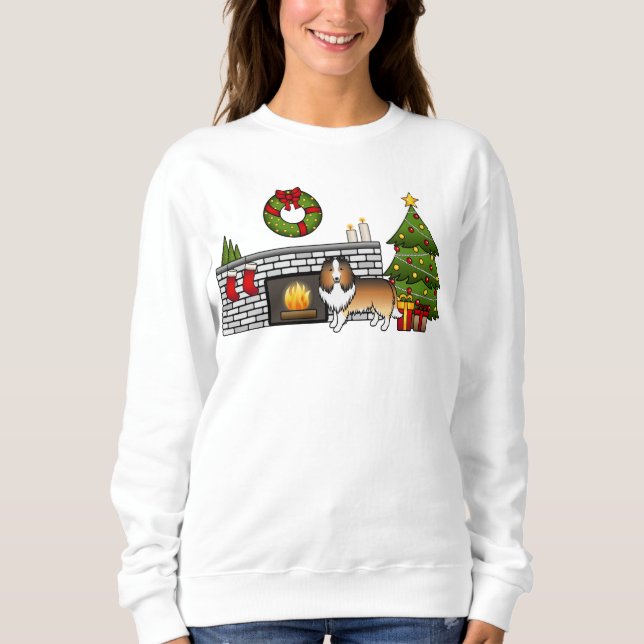 Camiseta Cão Shetland Sheepdog Sable Em Uma Sala De Natal (Frente)