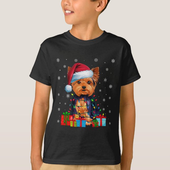 Camiseta Cão Ugly Xmas Lights Santa Hat Yorkshire Terrier C (Frente)