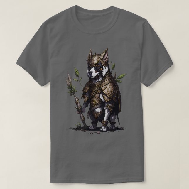 Camiseta Cão vestindo armadura guerreira antiga (Frente do Design)