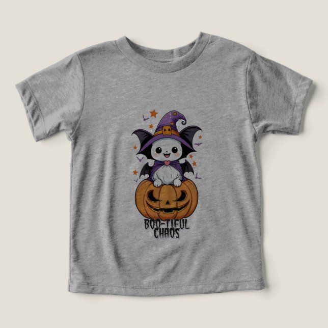 Camiseta Caos Bonitos | Morcegos, Chapéus e Abóboras (Design frontal)