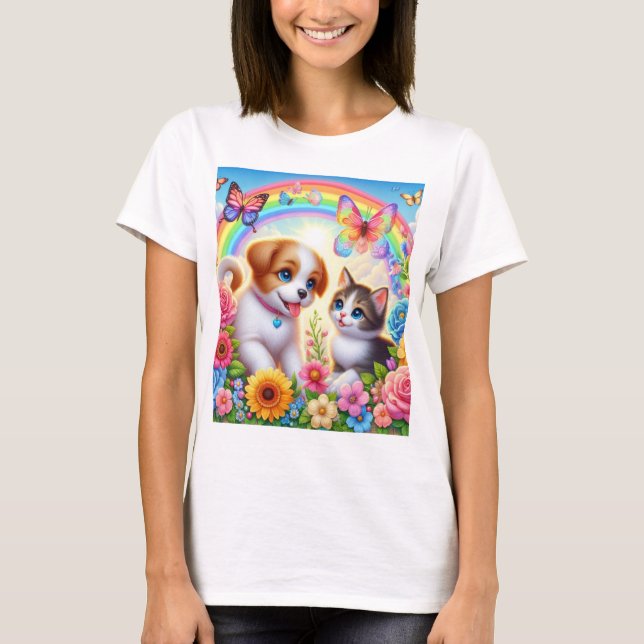 Camiseta Cãozinho/cachimbo/arco-íris de gatinho (Frente)