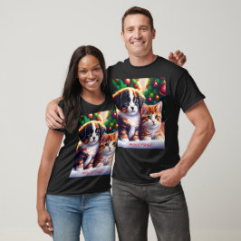Camiseta Cãozinho e gato bonitos debaixo da árvore de Natal