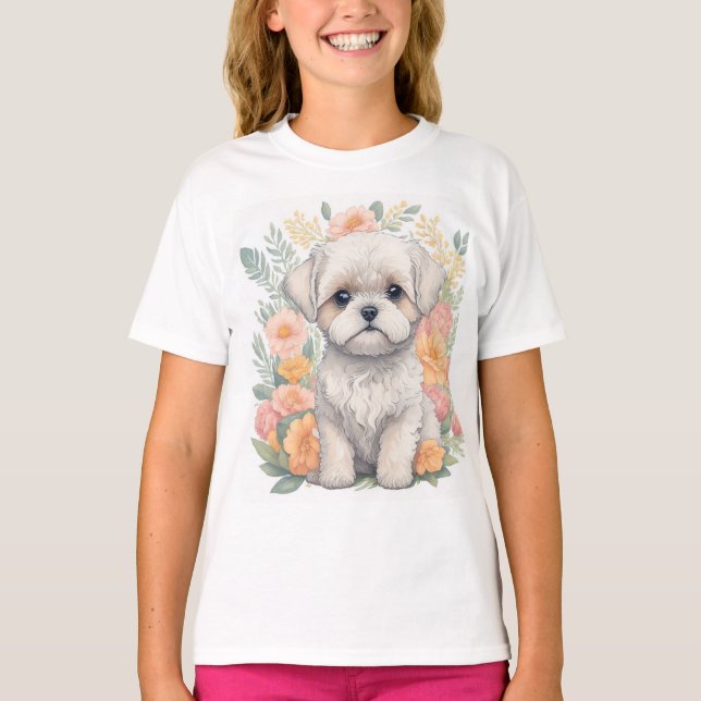 Camiseta Cãozinho Maltês Bonito com Camisa-T de Flores de V (Frente)