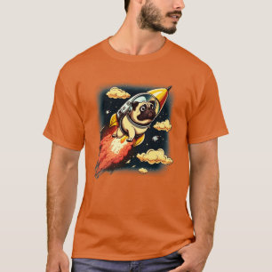 Camiseta cãozinho voando para o espaço com um foguete