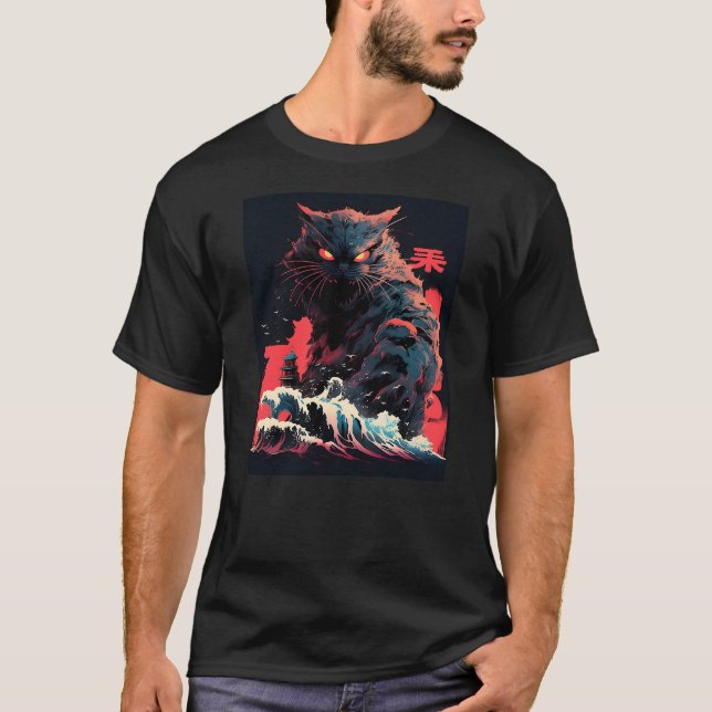 Camiseta Cap Japanese Big Wave Art Funny Cat Gift For Men (Frente)