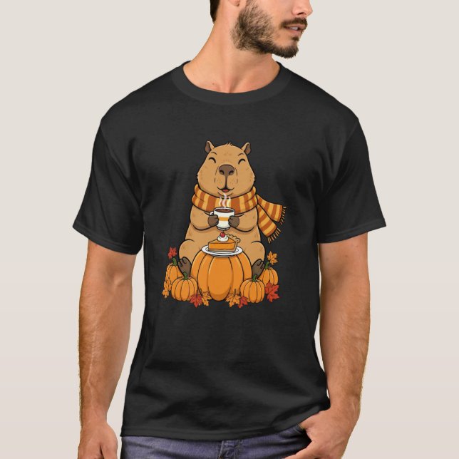 Camiseta Capa de Capivara Engraçada Café Outono Dia de Ação (Frente)
