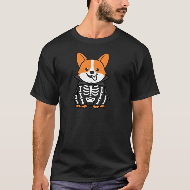 Camiseta Capa de Esqueleto de Vampiro de Halloween de Corgi (Frente)