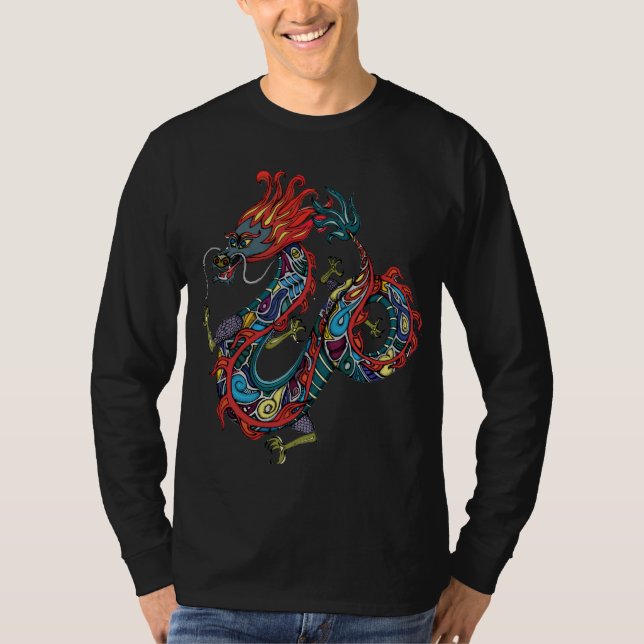 Camiseta Capa Longa dos Homens da Dança Dragão (Frente)