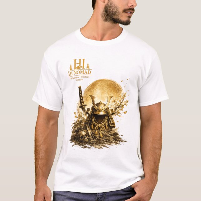 Camiseta Capacete Dourado de Samurai Sob Lua Cheia - W Japo (Frente)