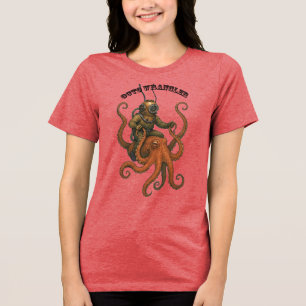 Camiseta Capacete Vintage Diver a cavalo de um polvo gigant