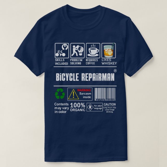 Camiseta Capacidades De Reparador De Bicicletas Incluem O C (Frente do Design)
