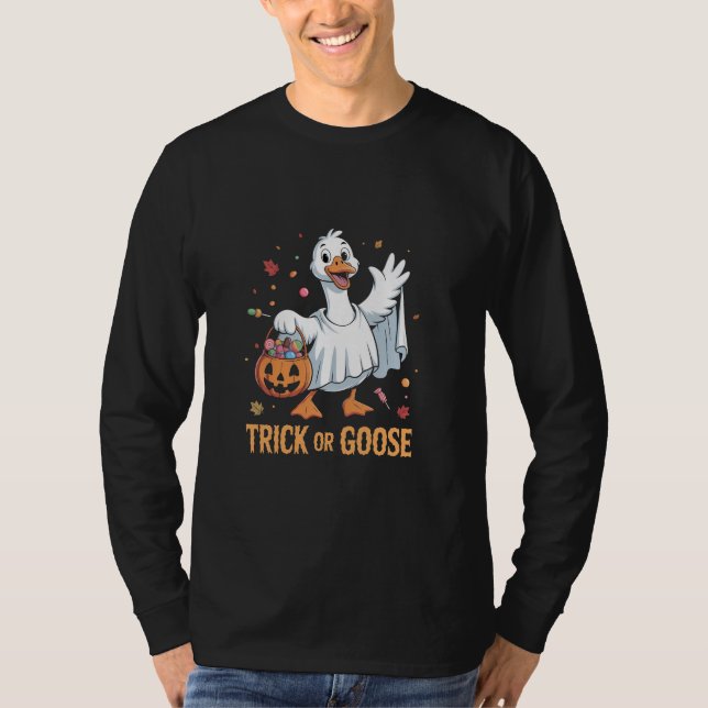 Camiseta Capas de Ganso de Halloween com Truque ou Ganso Sp (Frente)