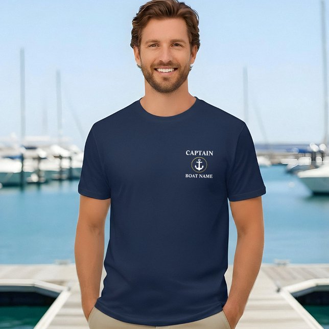 Camiseta Capitão Boat Nome Náutico Anchor Azul Dourado (Customize to change text size. Choose from a variety of shirt colors and styles.)