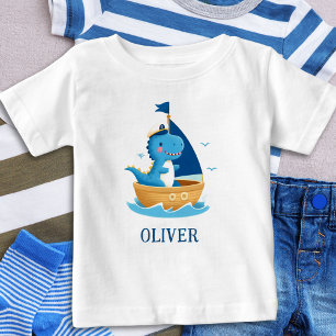 Camiseta Capitão do Barco Dinossauro Azul Fofo