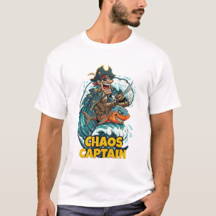 Camiseta Capitão do Caos Pirata Montando Tubarão Engraçado