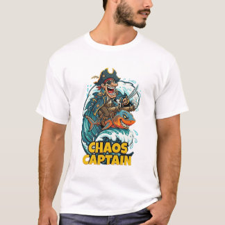 Camiseta Capitão do Caos Pirata Montando Tubarão Engraçado
