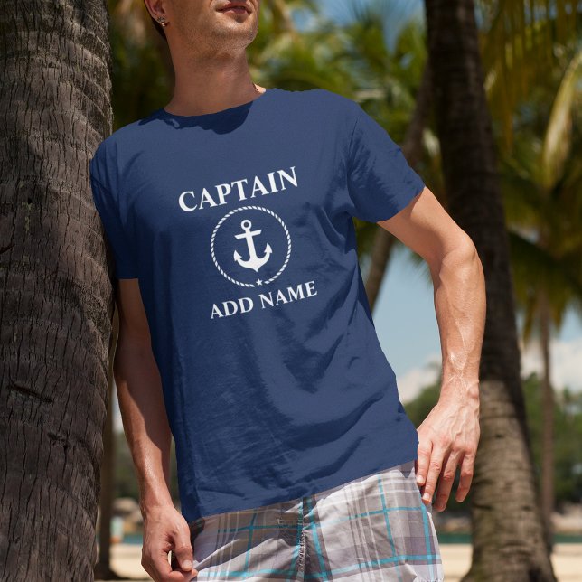 Camiseta Capitão Náutico Adicione Nome Anchor Rope Blue (Customize to change text size. Choose from a variety of shirt colors and styles.)