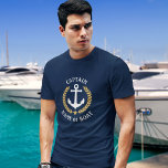 Camiseta Capitão Seu Nome De Barco Ancora Dourado Marinho L<br><div class="desc">Uma âncora náutica,  folhas de ouro e uma estrela dourada desenhada por medida,  com a classificação Capitão ou outro título e o Nome Personalizado ou Nome do Barco num T-Shirt azul marinho. Faz um presente de excelente.</div>