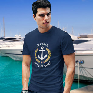 Camiseta Capitão Seu Nome De Barco Ancora Dourado Marinho L