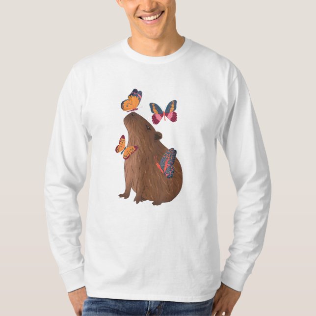Camiseta Capivara Engraçada com Borboleta – Adorável Roedor (Frente)